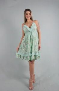 Vestido curto de viscose com alcinha e Franjas | GG | Verde